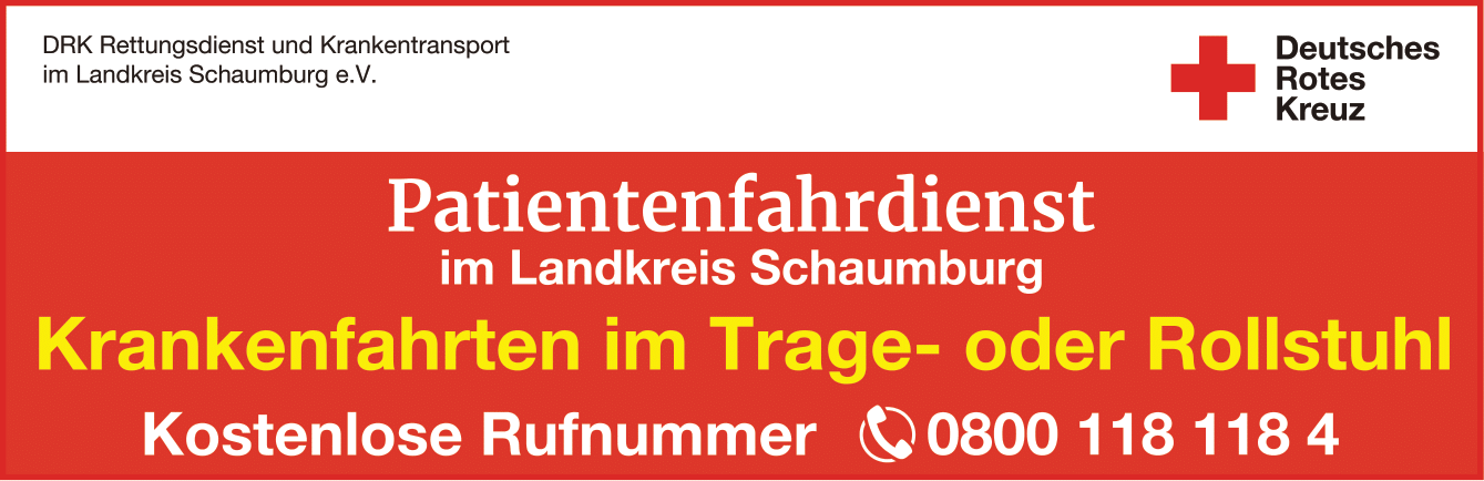 Anzeige des Deutschen Roten Kreuzes Schaumburg für den Patientenfahrdienst. Beworben wird die kostenlose Rufnummer 0800 118 118 4 für Krankentransporte im Liegen oder im Rollstuhl.