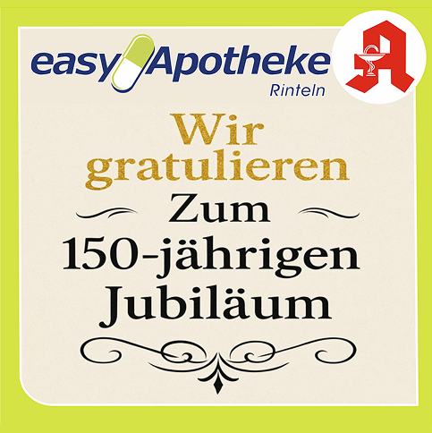 Glückwunschgrafik der easyApotheke Rinteln zum 150-jährigen Jubiläum.