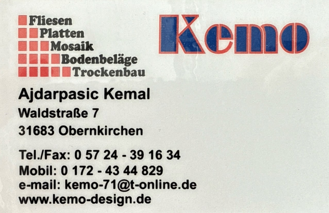"Kemo" Fliesen, Platten, Mosaik, Bodenbeläge, Trockenbau, Werbung