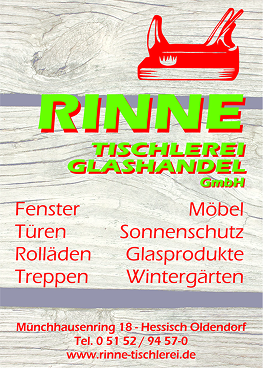 Werbung der RINNE Tischlerei Glashandel GmbH mit Produktübersicht vor Holzstruktur.“