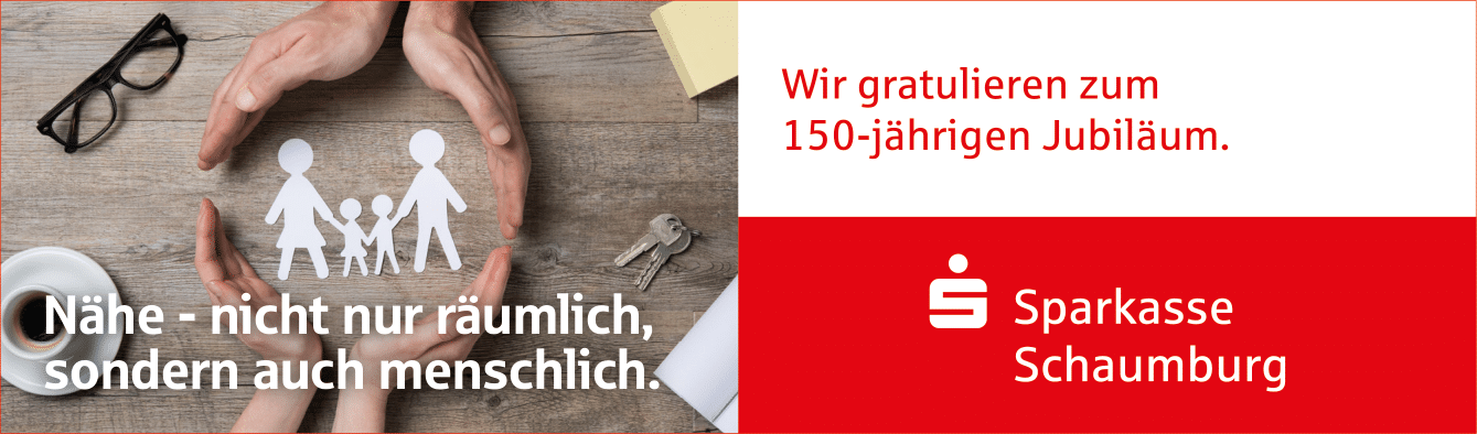 Hände bilden einen schützenden Kreis um Papierfamilie; Grafik zum 150-jährigem Jubiläum der Sparkasse Schaumburg.